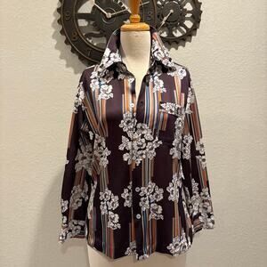 HIPSTER Women's Blouse Pinstripes/Floral Brown Sz L Woodstock 70s Retro Bohemian
